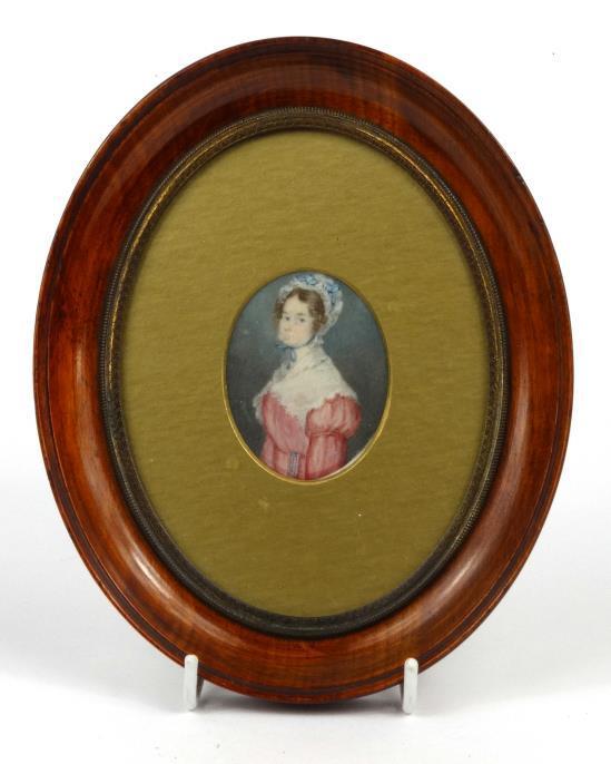 Oval portrait miniature of a female, mounted and framed, 5.5cm x 4cm : For Condition Reports please