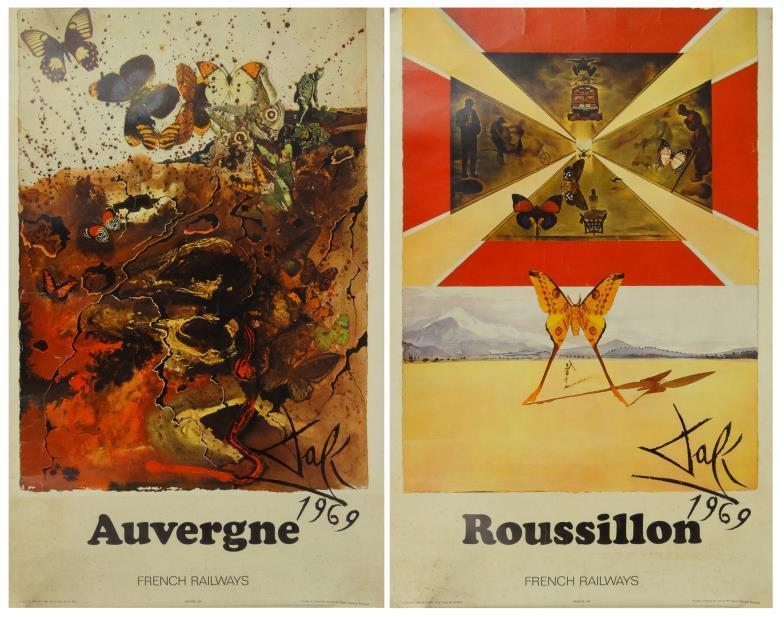 Two Salvador Dali French Railway posters for Auvergne 1969 and Roussillon 1969, printed for SNCF