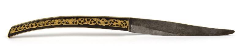 19th Century steel bladed folding knife, the tortoiseshell mounted handle with gold coloured metal