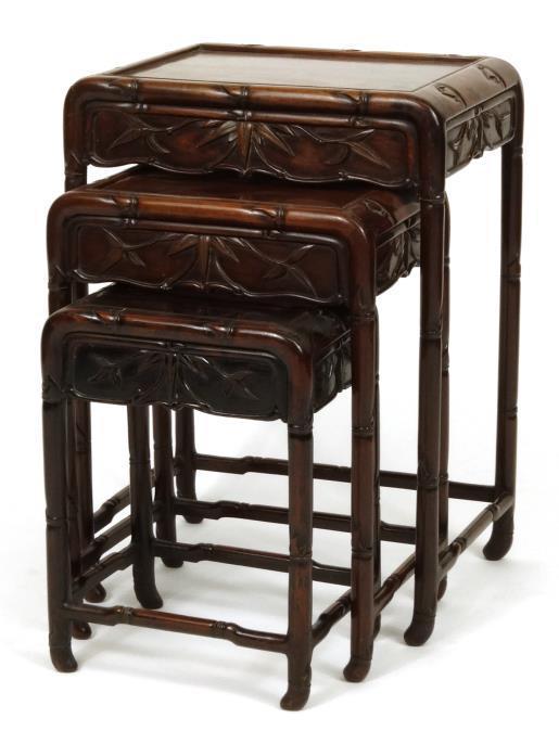 Nest of three Chinese rosewood rectangular occasional tables, each with carved frieze and simulated