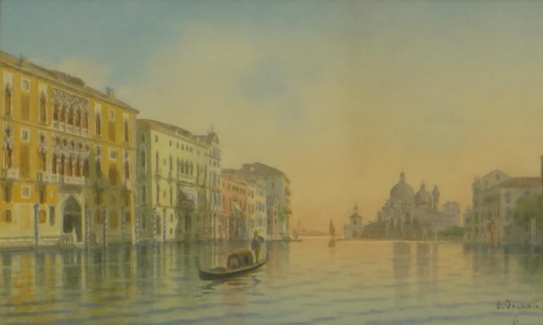 U. Onganio - Watercolour view of a Venetian canal, signed, mounted and framed, 17cm x 29cm : For