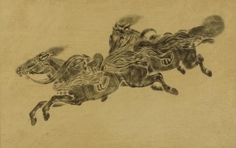 Chinese print of prancing horses onto cloth, framed, 41cm x 65cm excluding the margins : For