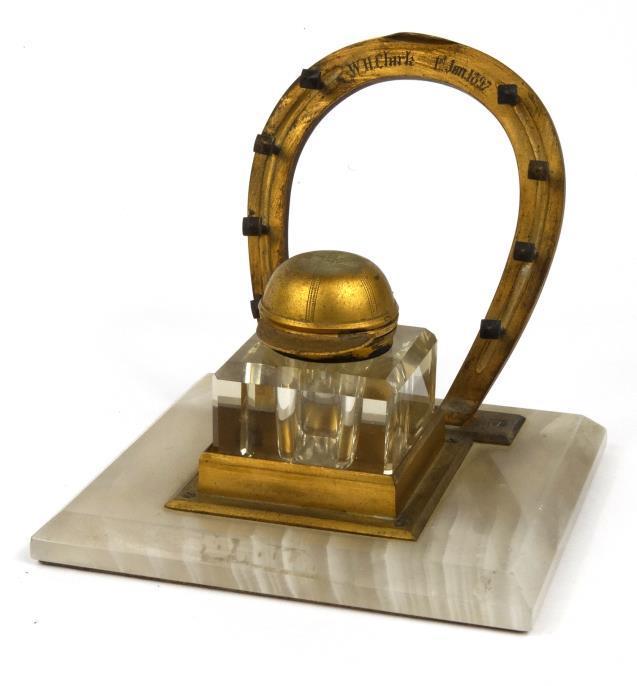 Victorian equestrian interest desk stand, the glass inkwell with jockey`s cap design lid before a