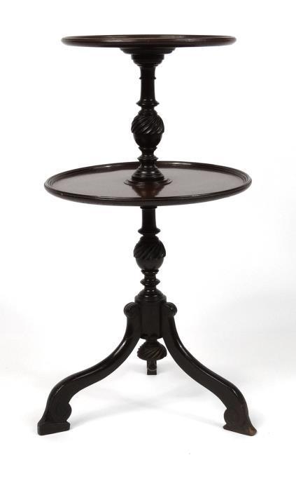 Edwardian two tier mahogany torchere, each of the dish topped graduated tiers with turned support,