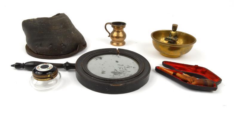 Objects including a horse`s hoof, vanity mirror with ebonised wood surround, quarter gill measure,