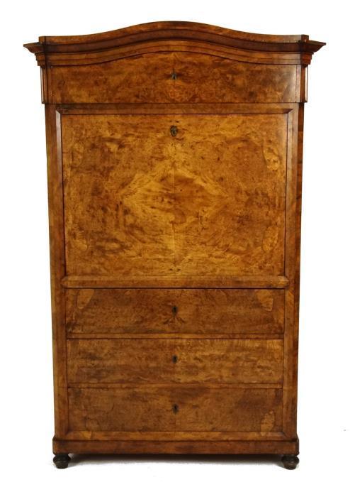 Late 19th century French burr walnut secretaire à abattant, the moulded cornice above a single