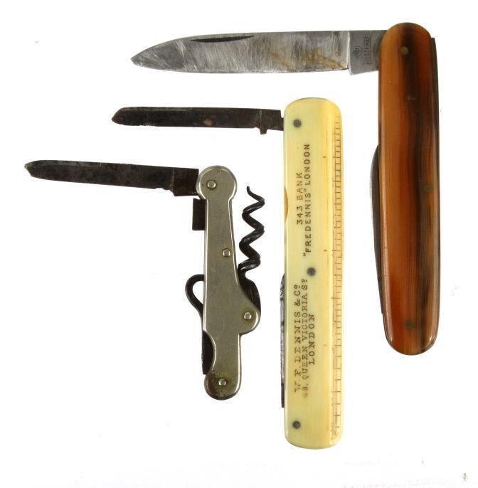 Two pocket knives - one advertising W.F. Dennis and Co of London, together with a steel multi-tool