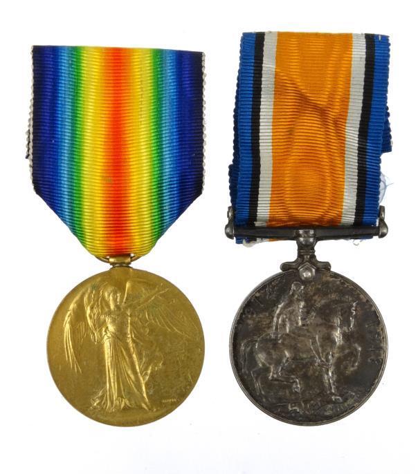 World War I British military medal group comprising 1914-18 War medal and Victory medal, each