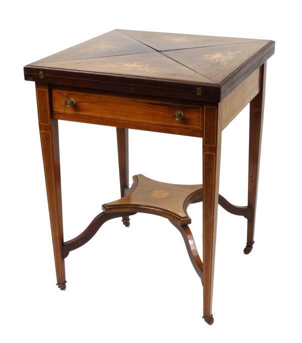 Edwardian inlaid rosewood envelope card table, the foldover top revealing a green baize lining