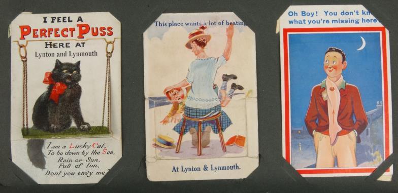 Album of postcards and greetings cards including some early Christmas and birthday cards, comical