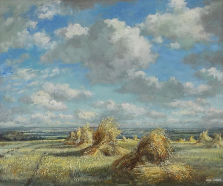 Max Hofler - Oil onto board view of wheatsheaves drying in a field, signed, framed, 50cm x 59cm :