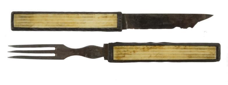 19th Century steel campaign knife and fork set with faux ivory mounts, the knife blade stamped `