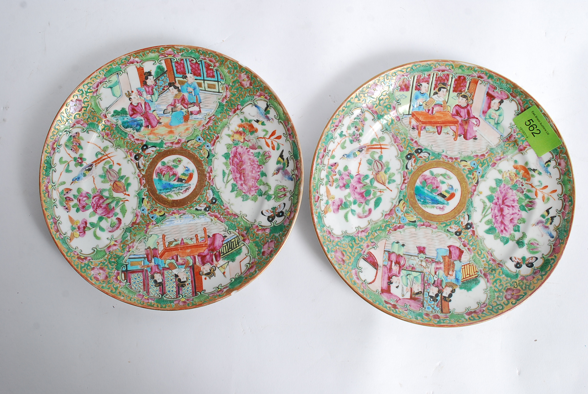 2 19th century Cantonese / Chinese famille rose plates decorated with family / court scenes and