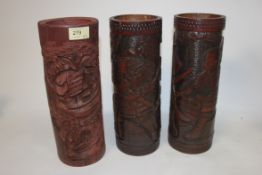 A pair of Chinese Carved Bamboo Brush Pots, late 19th century / early 20th century , carved in deep