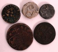 Coins - World Coins. A Swedish Ore 1/4 likely 1650`s together with a medieval brass country coin ?,