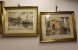 A pair of continental watercolour paintings of harbour scenes, one being Italian, signed illegible