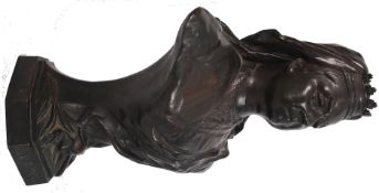 A Brossy: An early 20th century bronze bust of Queen Victoria. Sculpted on a plinth base, signed to