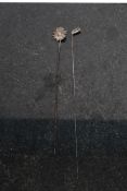 Two antique silver hat pins, one hallmarked sunflower, the other marked 'silver' in the form of a