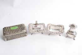 A collection of good quality silver plate to include mustard pots, salt shaker and trinket box.