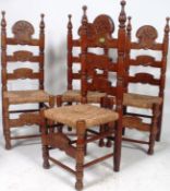 A set of 4 Spanish style country pine rattan upholstered dining chairs. Raised on turned legs with