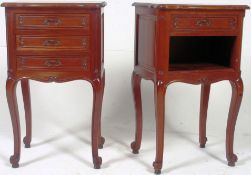 A pair of decorative 20th century french mahogany bedside tables / cabinets. Raised on cabriole