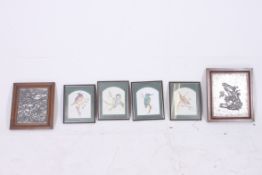 A collection of prints of wild birds together with 2 pressed metal framed dioramas of animals and