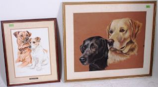 A large pastel painting set withing frame of labradors together with another dog watercolour