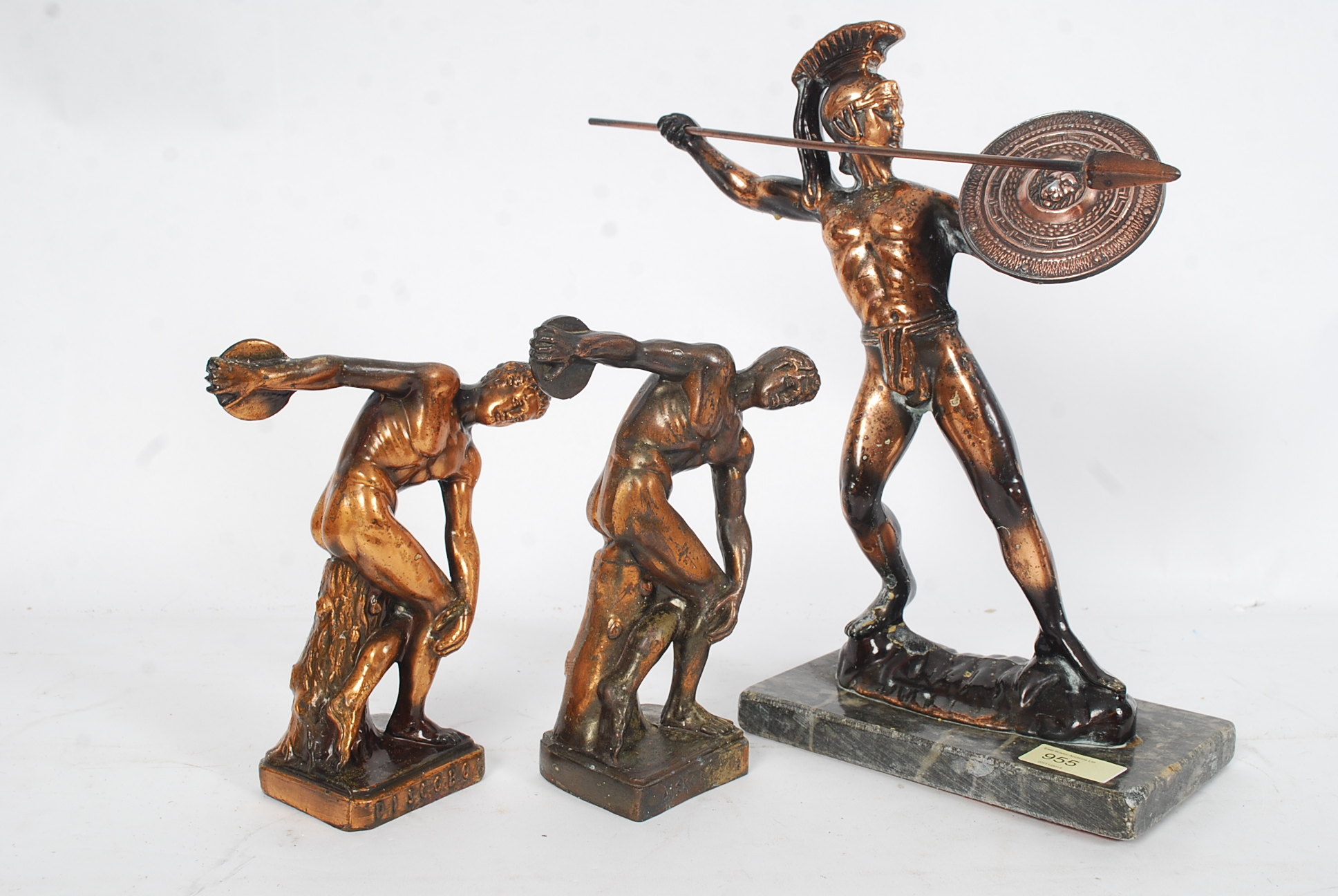 A collection of three mid-20th century copper plated figures / statues - one of a gladiator