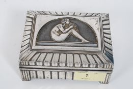 A 1930's Art Deco ladies cigarette / jewellery casket of silver plate form having hinged lid