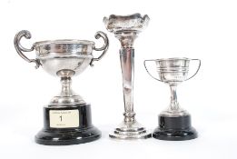 Three mid 20th century hallmarked silver trophies - each from the 1930's (one 1940), each clearly