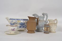 A collection of china to include three jugs, a fruit and Flowers tureen etc tureen is H18cms x