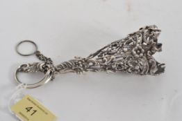 A 20th century white metal (believed silver) fretworked posy holder in the rococo manner being