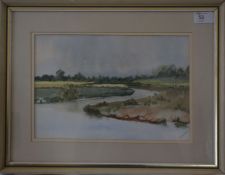 A framed and glazed watercolour painting of the River Stour at Mewley  by M Fookes. 20cms x 30cms