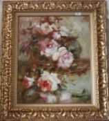 A large oil on canvas painting of flowers signed Brooks to the corner. 59cms x 49cms