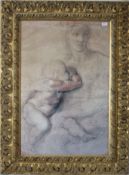 A very large print of an Old master - Madoona and Child set within a large gilt rococo pierced