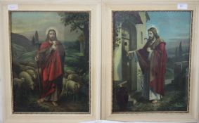 2 early 20th century religious framed and glazed prints of Christ signed O Voelkel. Measure 40cms x