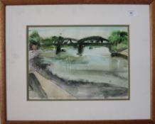 A watercolour painting of a river scene having military bridge spanning across. 25cms x 34cms