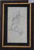 A framed nude pencil sketch of a seated lady being unsigned. 25cms x 14cms