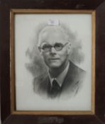 A framed and glazed pencil drawing portrait with spectacles. Measures 36cms x 29cms