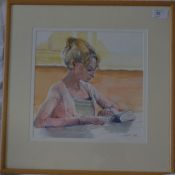 A watercolour portrait study of a reading woman dating to the 20th century signed Joan Weir 08.