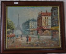 An oil on canvas Parisienne scene signed to the corner