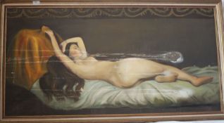A large oil on canvas painting of a nude in the neo classical style ( af). Measures 59cms x 117cms