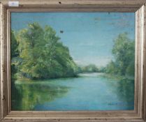 An oil on board painting by Nina Brauer Walton entitled Lakeside II. 39cms x 49cms