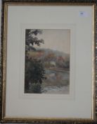A watercolour painting Devon scene of forest, river and cottage. Measures 25cms x 18cms