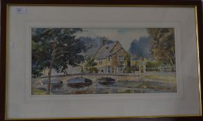 Keith Cresswell - Bourton on the Water watercolour painting 23cms x 50cms