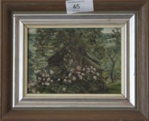 An oil on panel painting by De Fano - Barn with Roses. Measures 9cms x 15cms