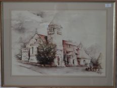 After Alice Haigh, Jan 86. A framed and glazed print of a Church. 42cms x 60cms