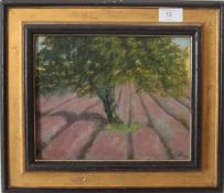 A 20th century framed oil on board painting of a tree in a field being signed Lavender Field -
