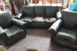 A fabulous well worn original leather 3 piece sofa settee and 2 armchairs in the Minty style.