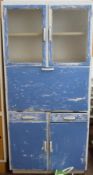 A vintage 1950`s painted wooden two tone kitchen dresser. Blue painted drawers and cupboards with